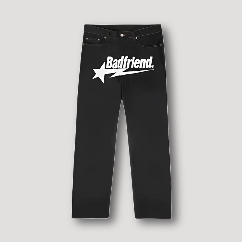 Donker Zwart 'Badfriend' Grafische Print Straight Leg Denim Jeans Heren