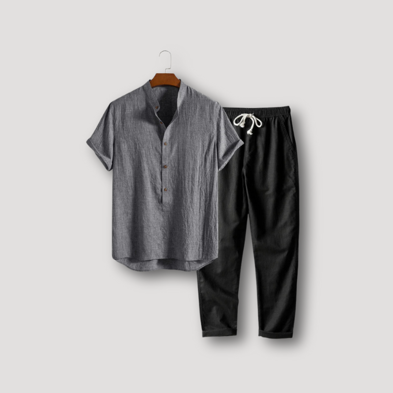 Henley Kraag Korte Mouw Shirt en Linen Trousers Set Zomer Outfit