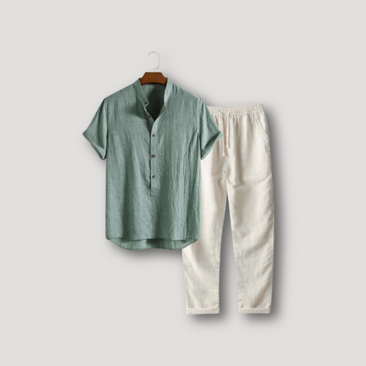 Henley Kraag Korte Mouw Shirt en Linen Trousers Set Zomer Outfit