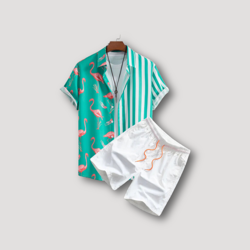 Flamingo Streep Shirt Korte Mouw Korte Set Zomer Outfit