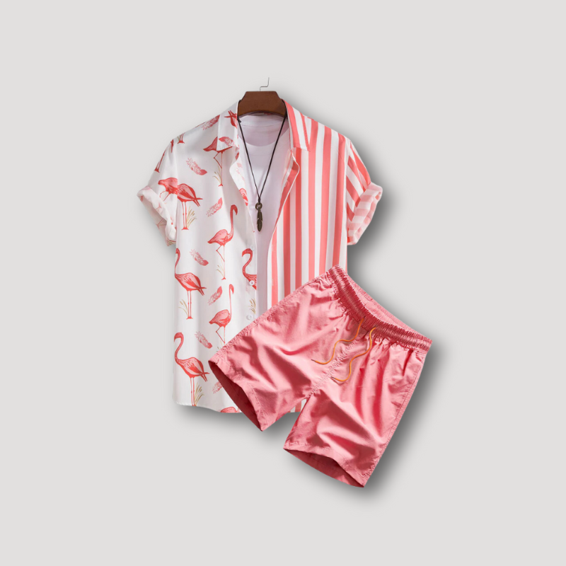 Flamingo Streep Shirt Korte Mouw Korte Set Zomer Outfit