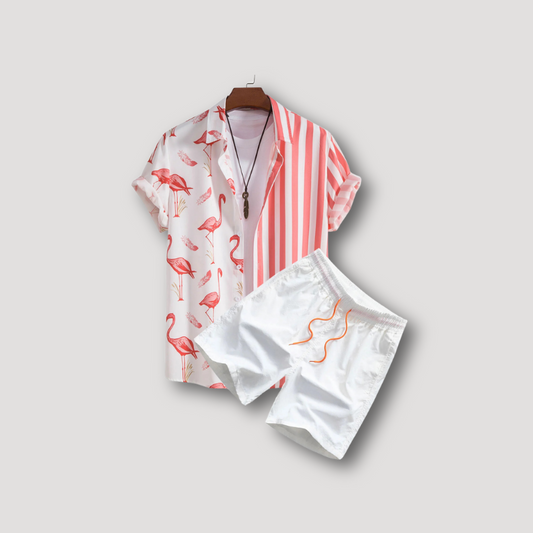 Flamingo Streep Shirt Korte Mouw Korte Set Zomer Outfit