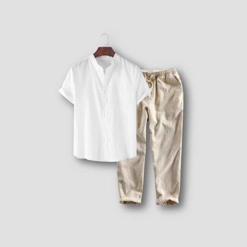 Wit Opstaan Kraag Korte Mouw Shirt en Linen Trousers Set Zomer Outfit