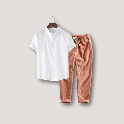 Wit Opstaan Kraag Korte Mouw Shirt en Linen Trousers Set Zomer Outfit