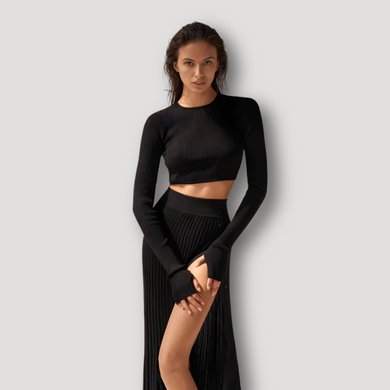 Ribtricot Lange Mouw Crop Top High-Waisted Rok Co ord Set Dames