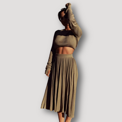 Ribtricot Lange Mouw Crop Top High-Waisted Rok Co ord Set Dames