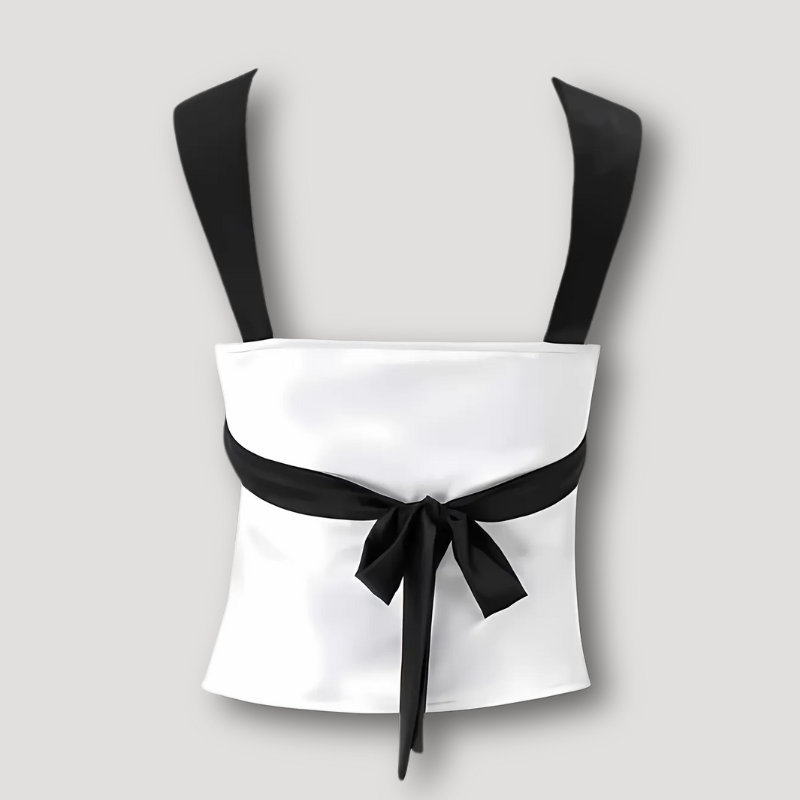 Zwart Wit Satijn Kleurblok Terug Bow Tie Crop Top