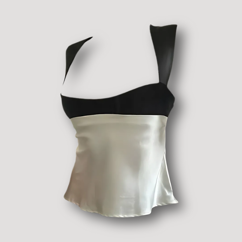 Zwart Wit Satijn Kleurblok Terug Bow Tie Crop Top