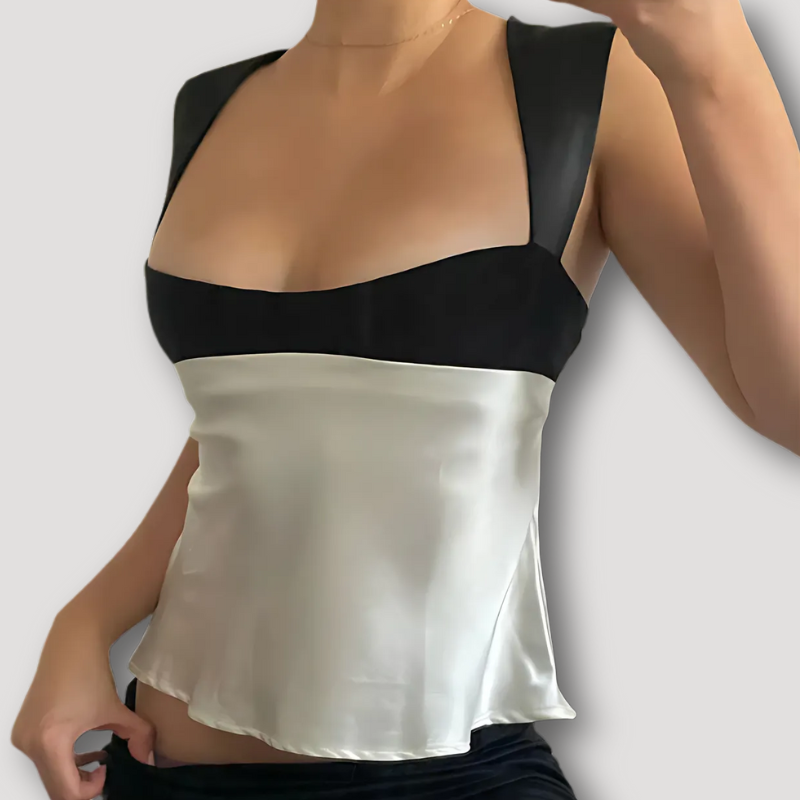 Zwart Wit Satijn Kleurblok Terug Bow Tie Crop Top