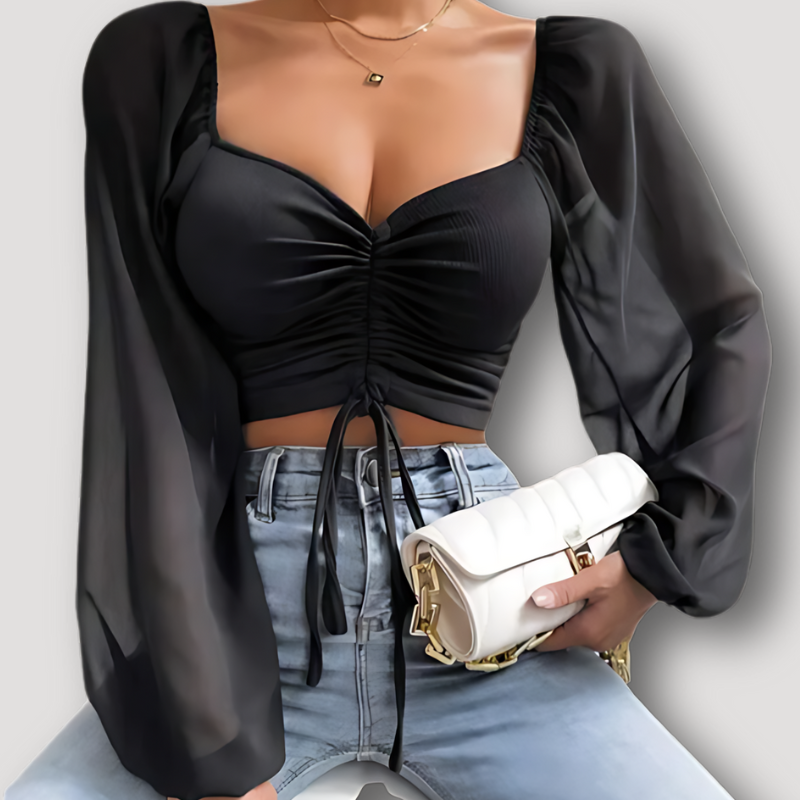 Geribde Ruched Buste Semi Sheer Puff Sleeves Crop Top