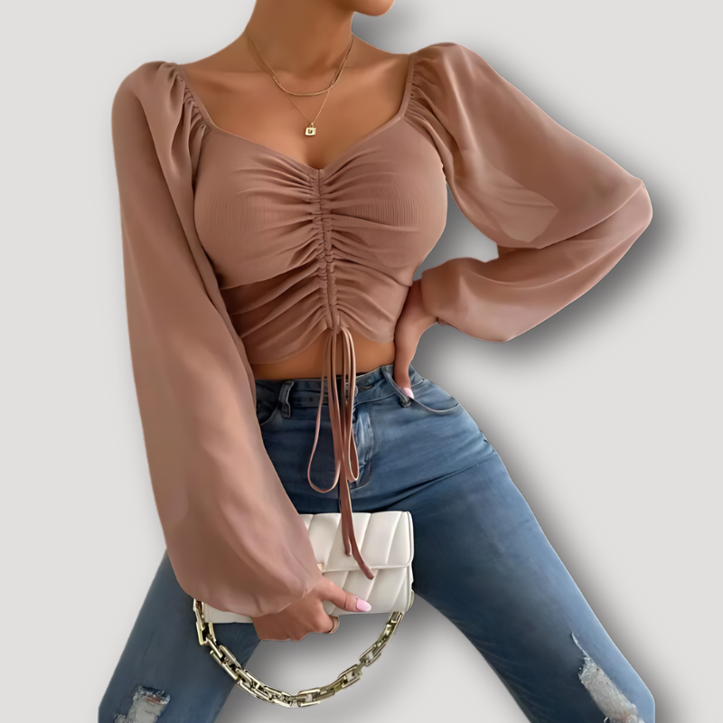 Geribde Ruched Buste Semi Sheer Puff Sleeves Crop Top