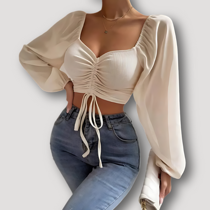 Geribde Ruched Buste Semi Sheer Puff Sleeves Crop Top