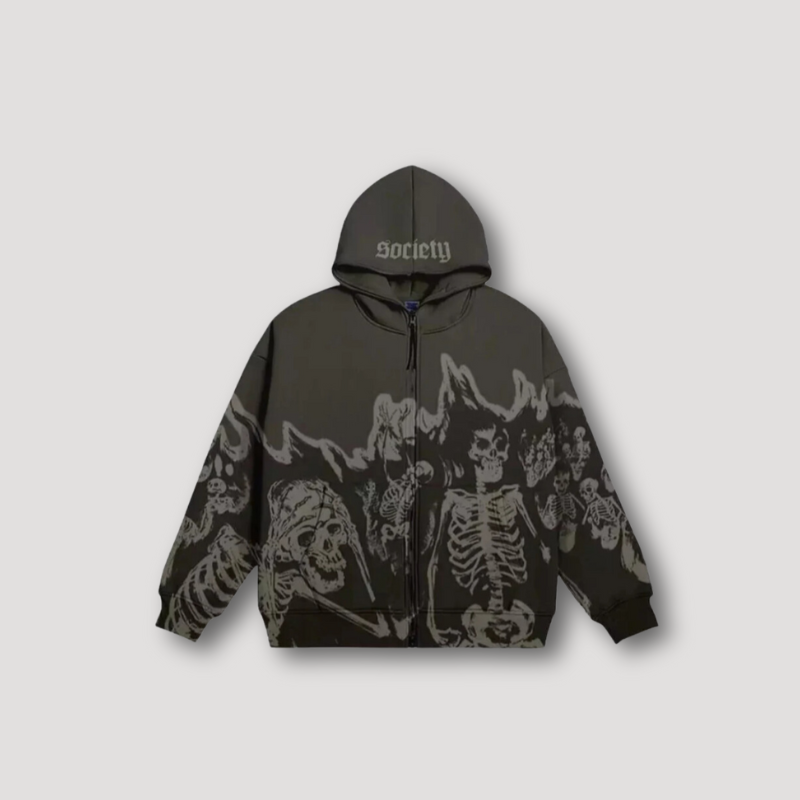 Society Fire Skelet Grafisch Streetwear Y2k  Zip Up Hoodie