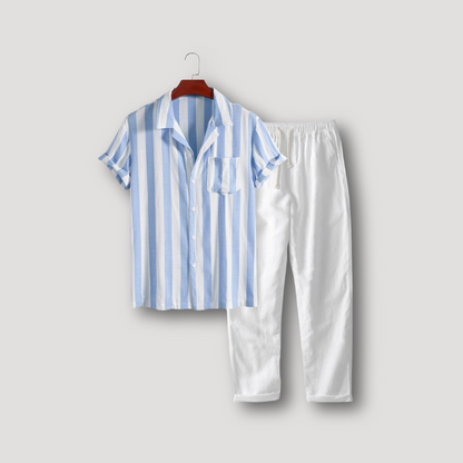 Cuban Kraag Shirt Korte Mouw Linen Trousers Set Zomer Outfit