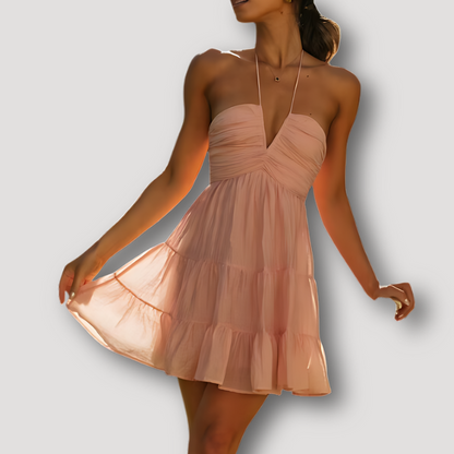 Pastel Kleuren Neckholder Ruched Buste Tiered Mini Sundress