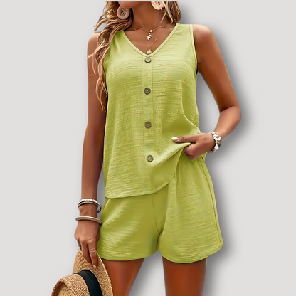 Button V-hals Top Mouwloos Outfit Summer Set