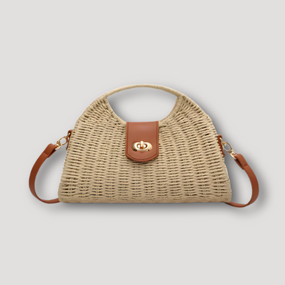 Woven Stro Halve Maan Leren Accenten Shoulder Bag