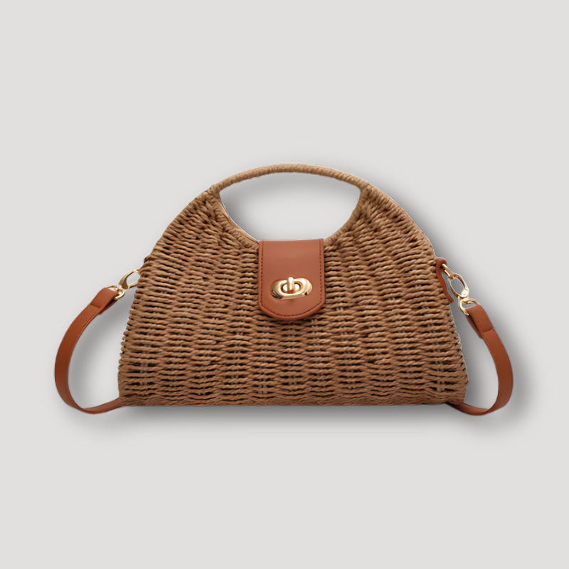 Woven Stro Halve Maan Leren Accenten Shoulder Bag