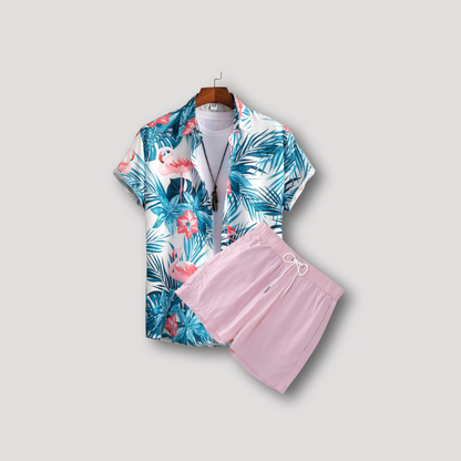 Flamingo Tropisch Polo Shirt Heren en Short Zomer Outfit Set