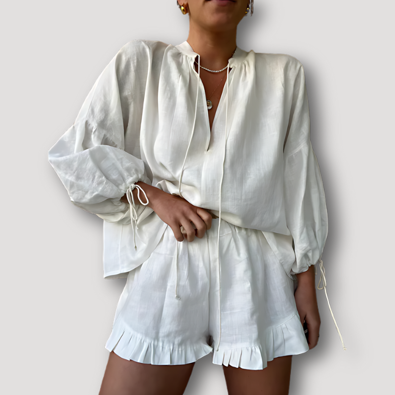 Linnen Ballon Mouw Blouse Ruffle Shorts Boho Set