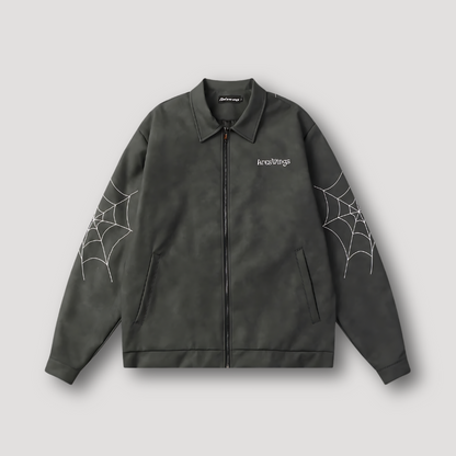 Zip Up Spider Web Druk Klassiek Collar Suède Jas