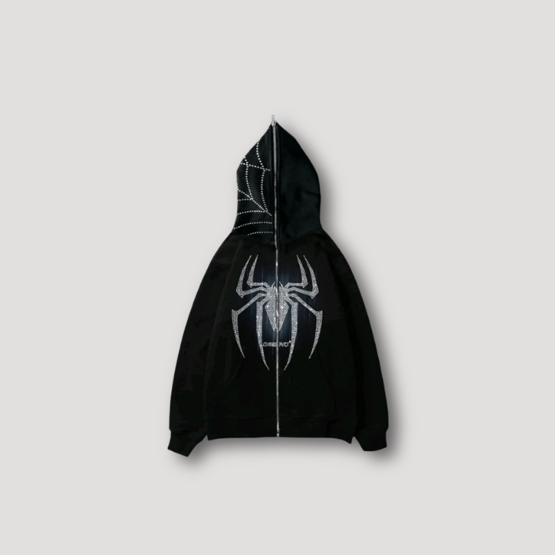 Spider Web Rhinestones Grafisch Zwart Hoodie With Zipper