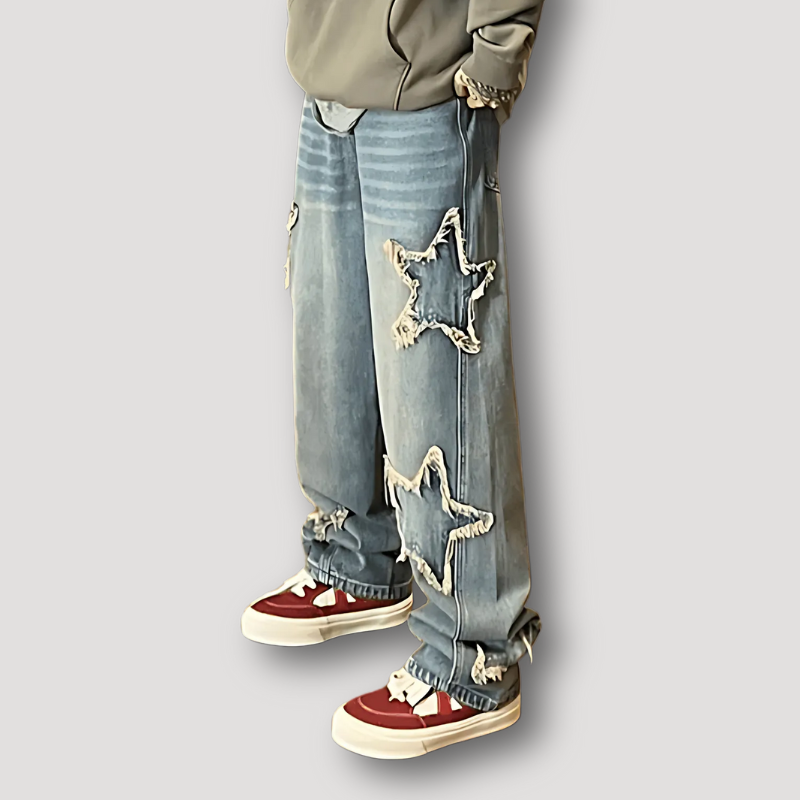 Distressed Gewasen Baggy Ster Patches Jeans Wide Leg