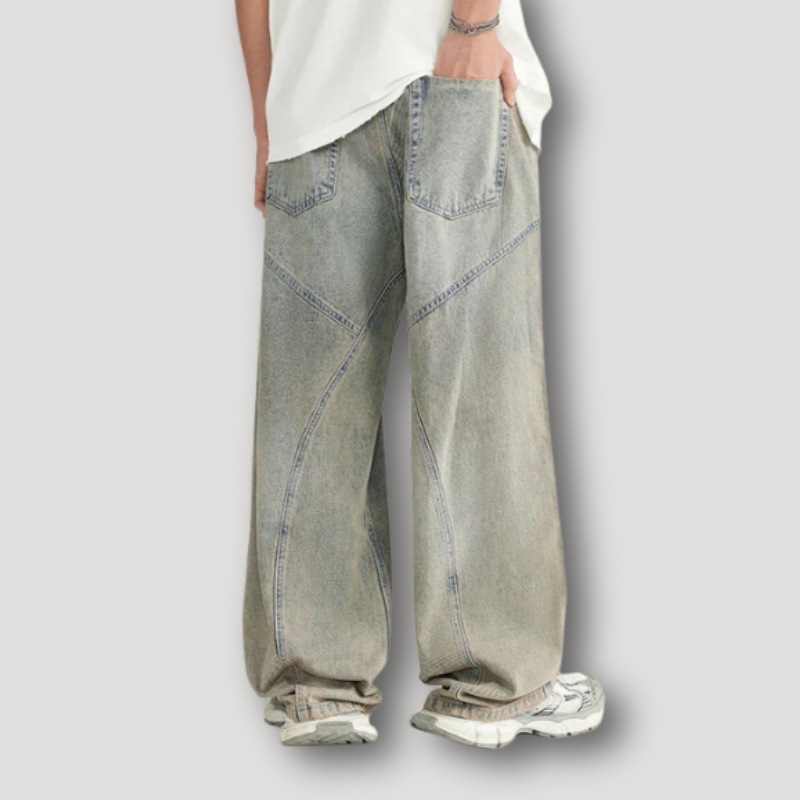 Distressed V-Form Naad Patroon Licht Washed Denim Jeans Wide Leg