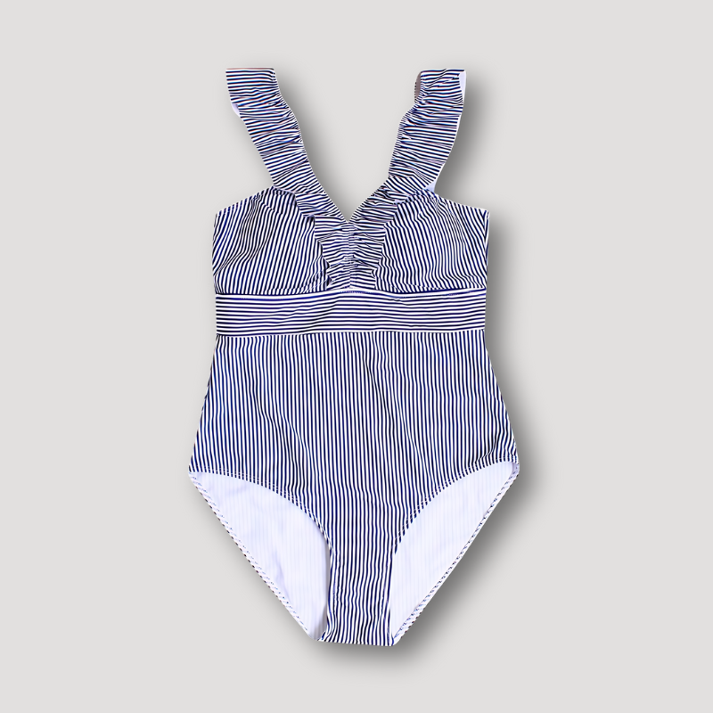 Pinstripe Patroon Ruches V-hals Swimsuit