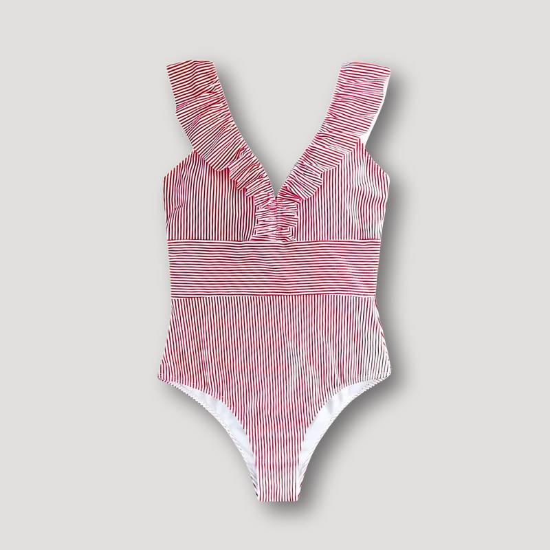 Pinstripe Patroon Ruches V-hals Swimsuit