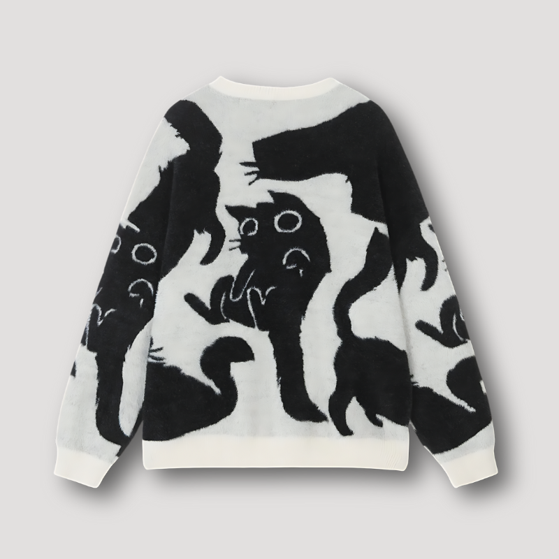 Ribgebreide Abstracte Kat Kleur Contrast Fluffy Sweater