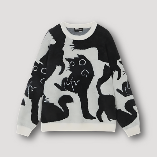 Ribgebreide Abstracte Kat Kleur Contrast Fluffy Sweater