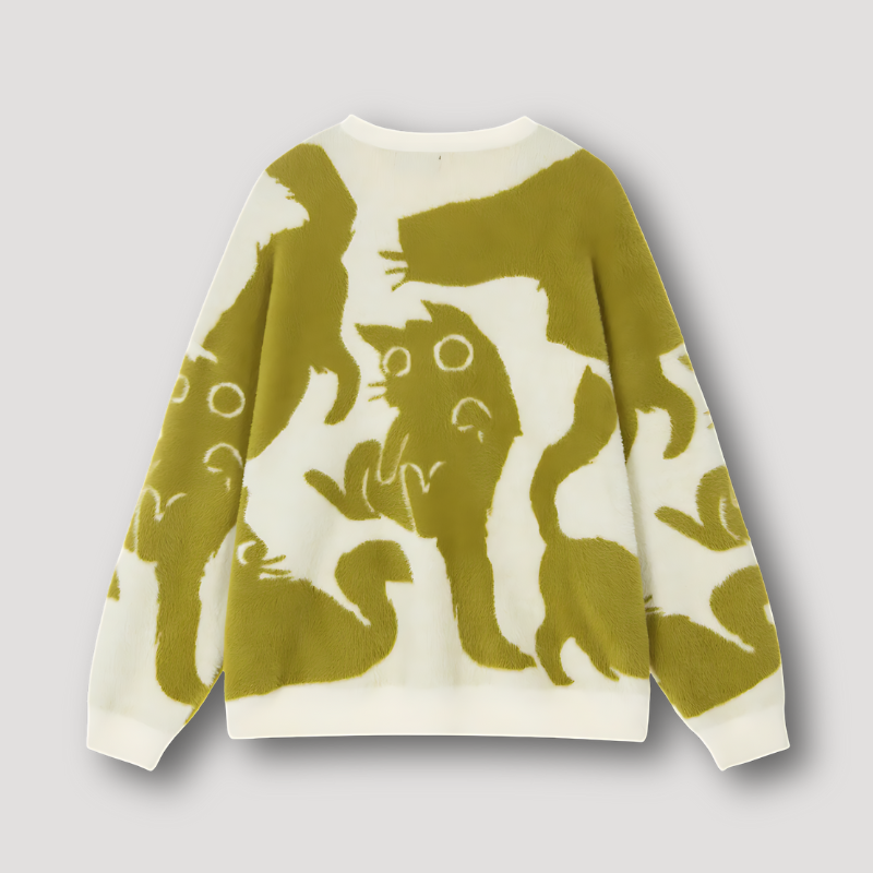 Ribgebreide Abstracte Kat Kleur Contrast Fluffy Sweater