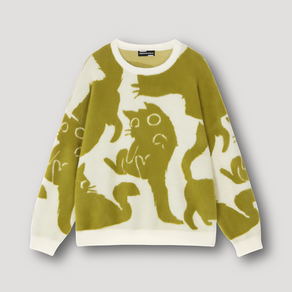 Ribgebreide Abstracte Kat Kleur Contrast Fluffy Sweater