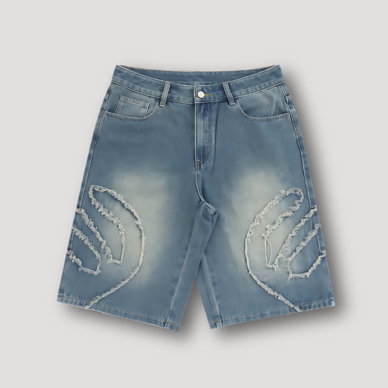 Klassiek Blauw Denim Vervaagd Wing Borduurwerk Shorts Mannen