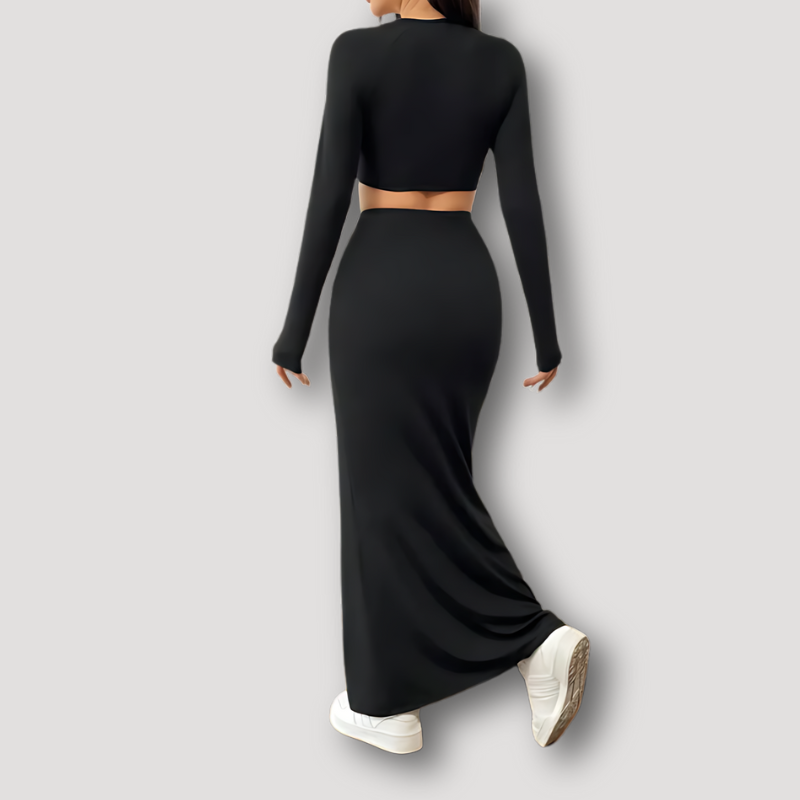 Getailleerde Lange Mouw Crop Top Ruched Maxi Rok 2 Delige Set Dames