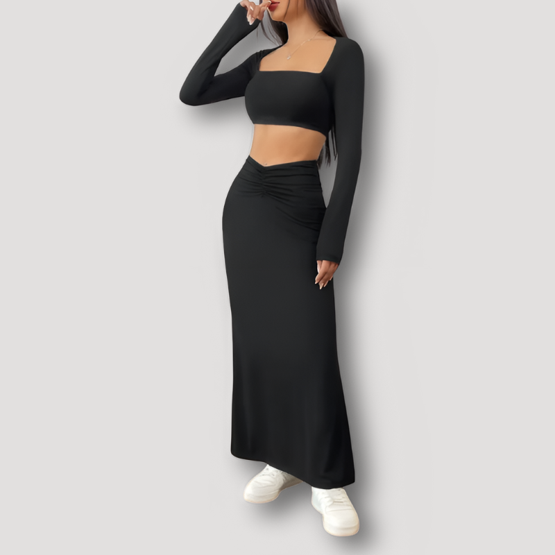 Getailleerde Lange Mouw Crop Top Ruched Maxi Rok 2 Delige Set Dames