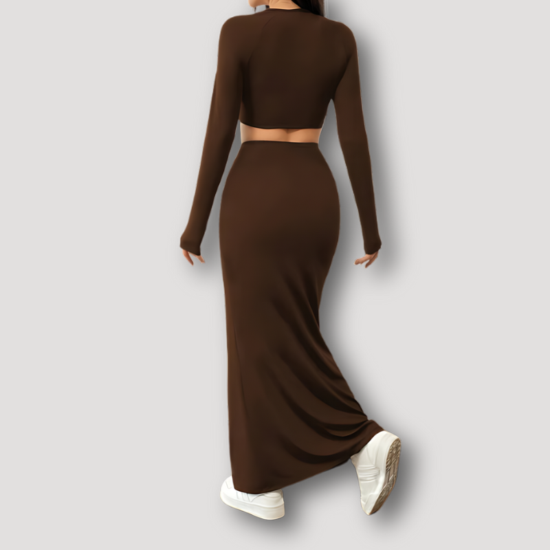 Getailleerde Lange Mouw Crop Top Ruched Maxi Rok 2 Delige Set Dames