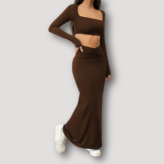 Getailleerde Lange Mouw Crop Top Ruched Maxi Rok 2 Delige Set Dames