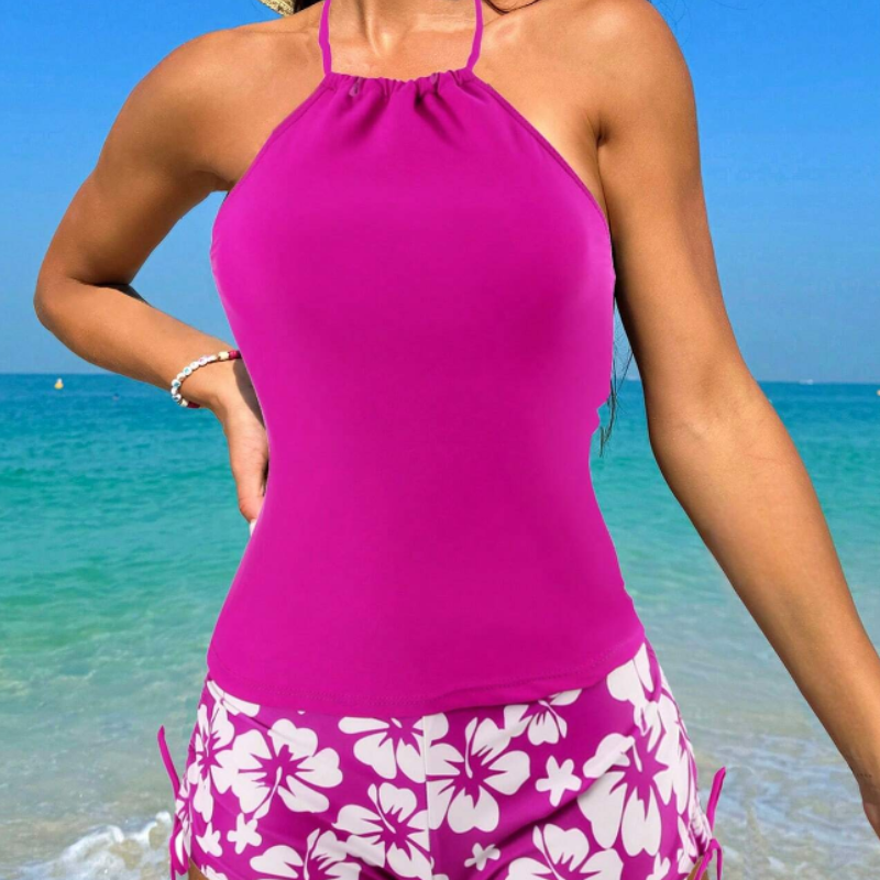 Halter Neck Top Gebloemd Swim Shorts Tankini Set