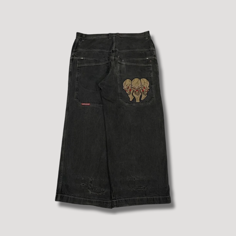 Triple Skull Patchwork Streetwear Y2K Denim Rok