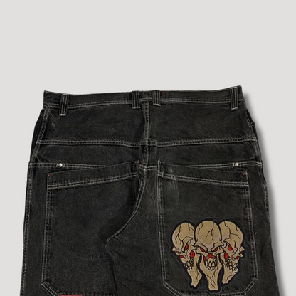 Triple Skull Patchwork Streetwear Y2K Denim Rok