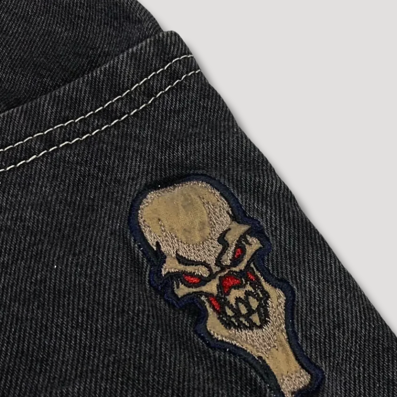 Triple Skull Patchwork Streetwear Y2K Denim Rok