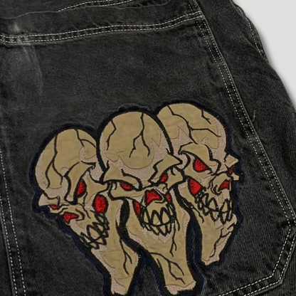 Triple Skull Patchwork Streetwear Y2K Denim Rok