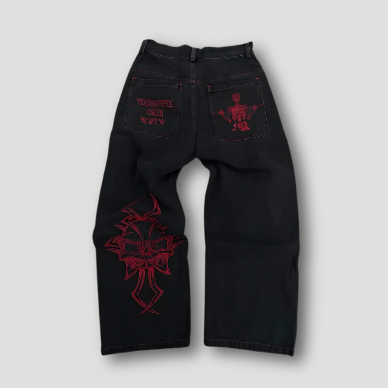 'Heaven Can Wait' Skelet Grafisch Borduurwerk Wide Leg Jeans