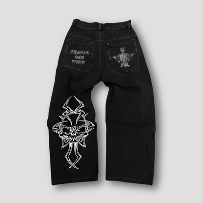 'Heaven Can Wait' Skelet Grafisch Borduurwerk Wide Leg Jeans