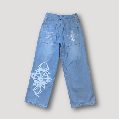 'Heaven Can Wait' Skelet Grafisch Borduurwerk Wide Leg Jeans