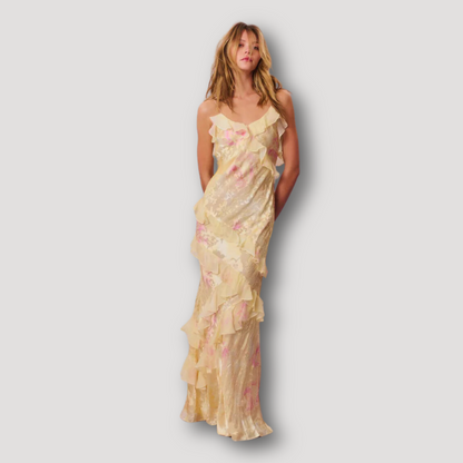 Bloemen Pastel Levendig Ruffle Maxi Dress Dames