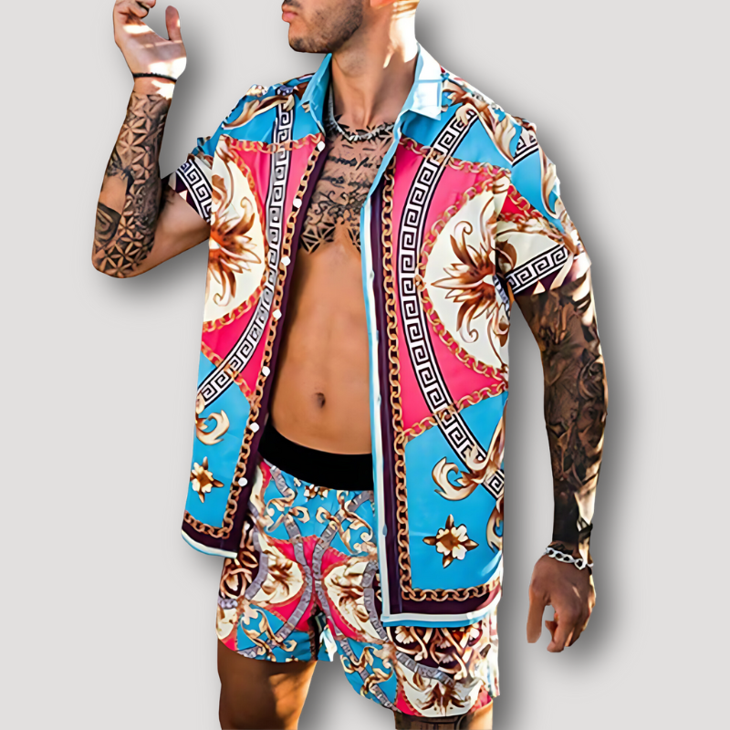 Levendige Grafische Prints Kraag Shirt Zomer Outfit Set