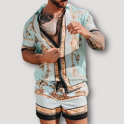 Levendige Grafische Prints Kraag Shirt Zomer Outfit Set